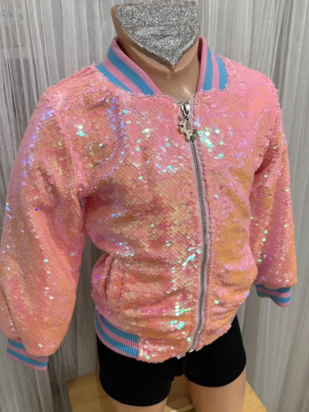 Lola + The Boys Girls Pink Sequin Unicorn Bomber Jacket Zip Front Size 4